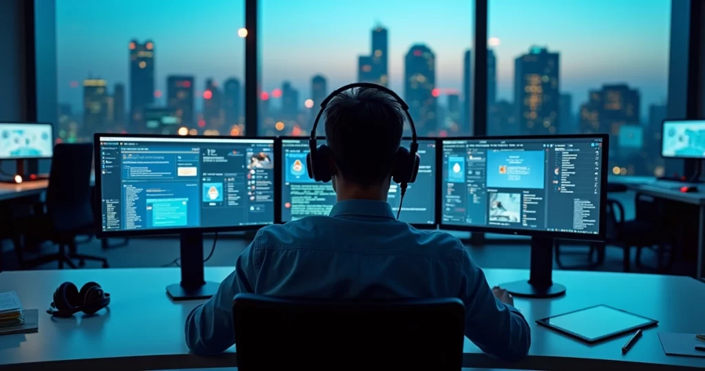 Central de comando de suporte técnico B2B com múltiplas telas e chamados organizados