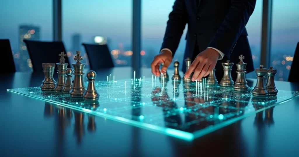 Tabuleiro de xadrez corporativo misturando finanças e ERP em cenário B2B