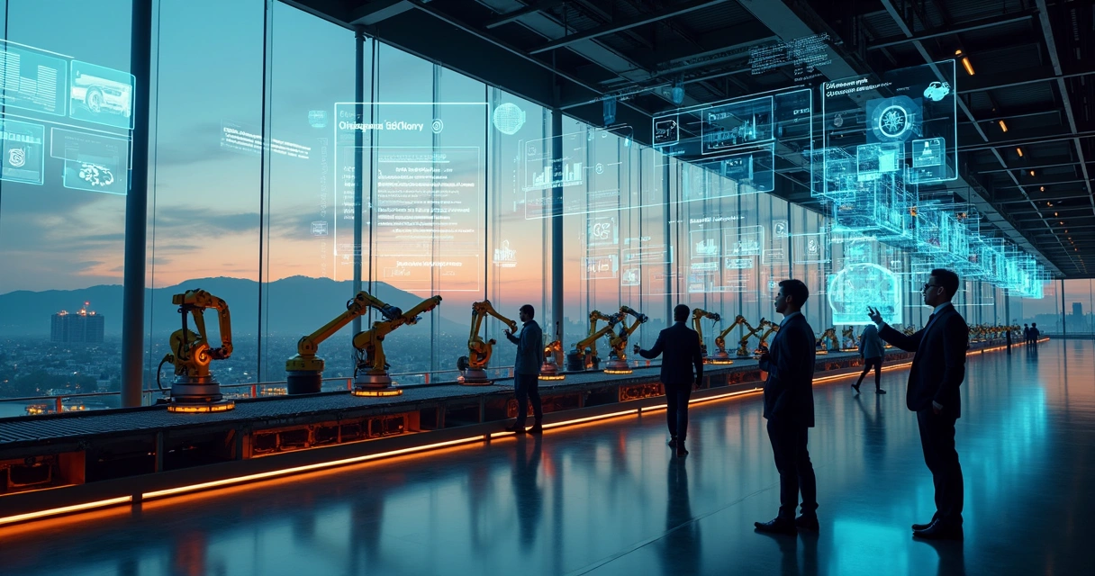 Linha de produção avançada com projeções holográficas de dados ERP