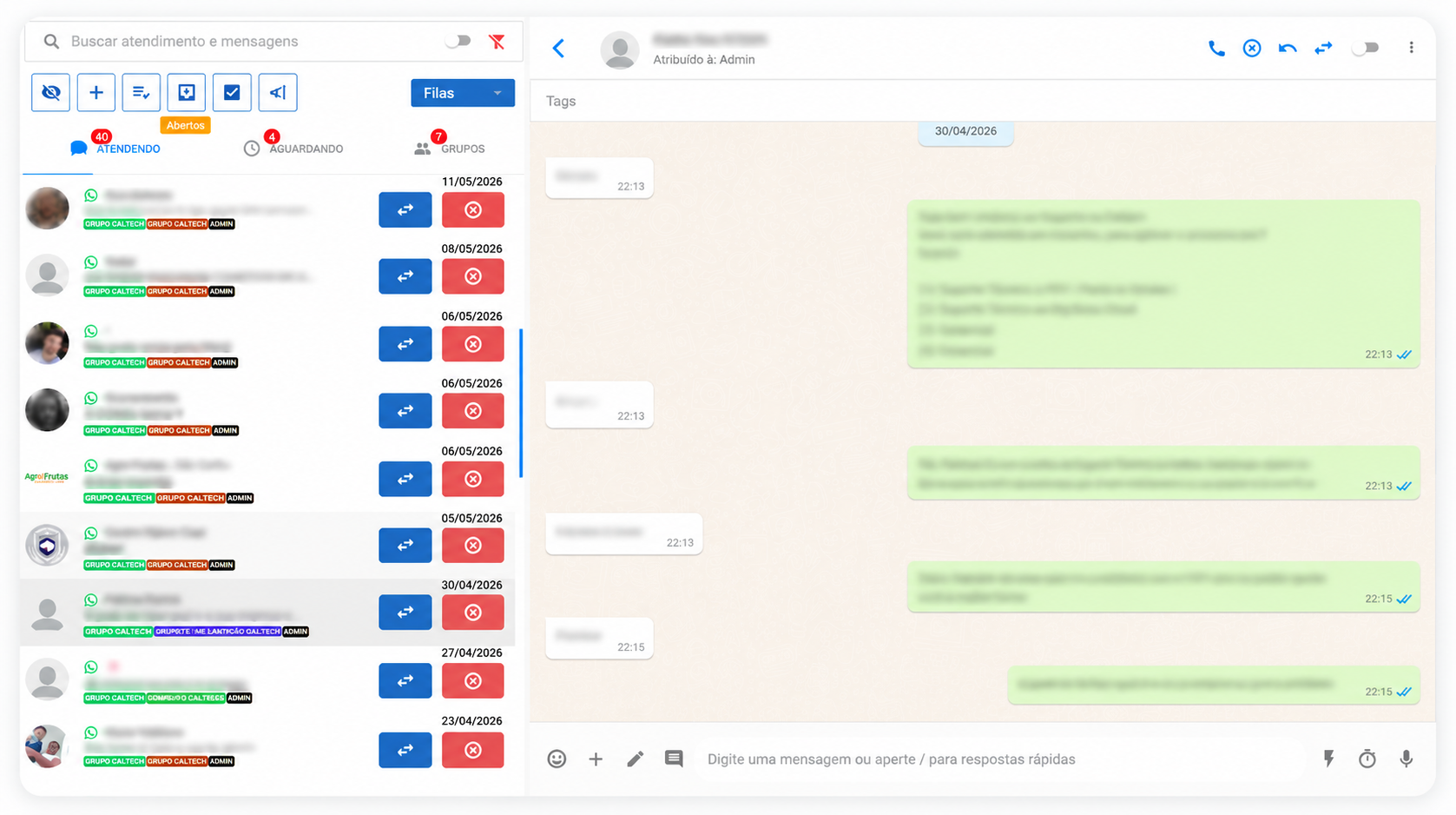 Chat unificado do Big Boss Cloud com inbox compartilhada por fila, atendendo, aguardando e grupos — histórico de mensagem por contato preservado e integrado ao CRM