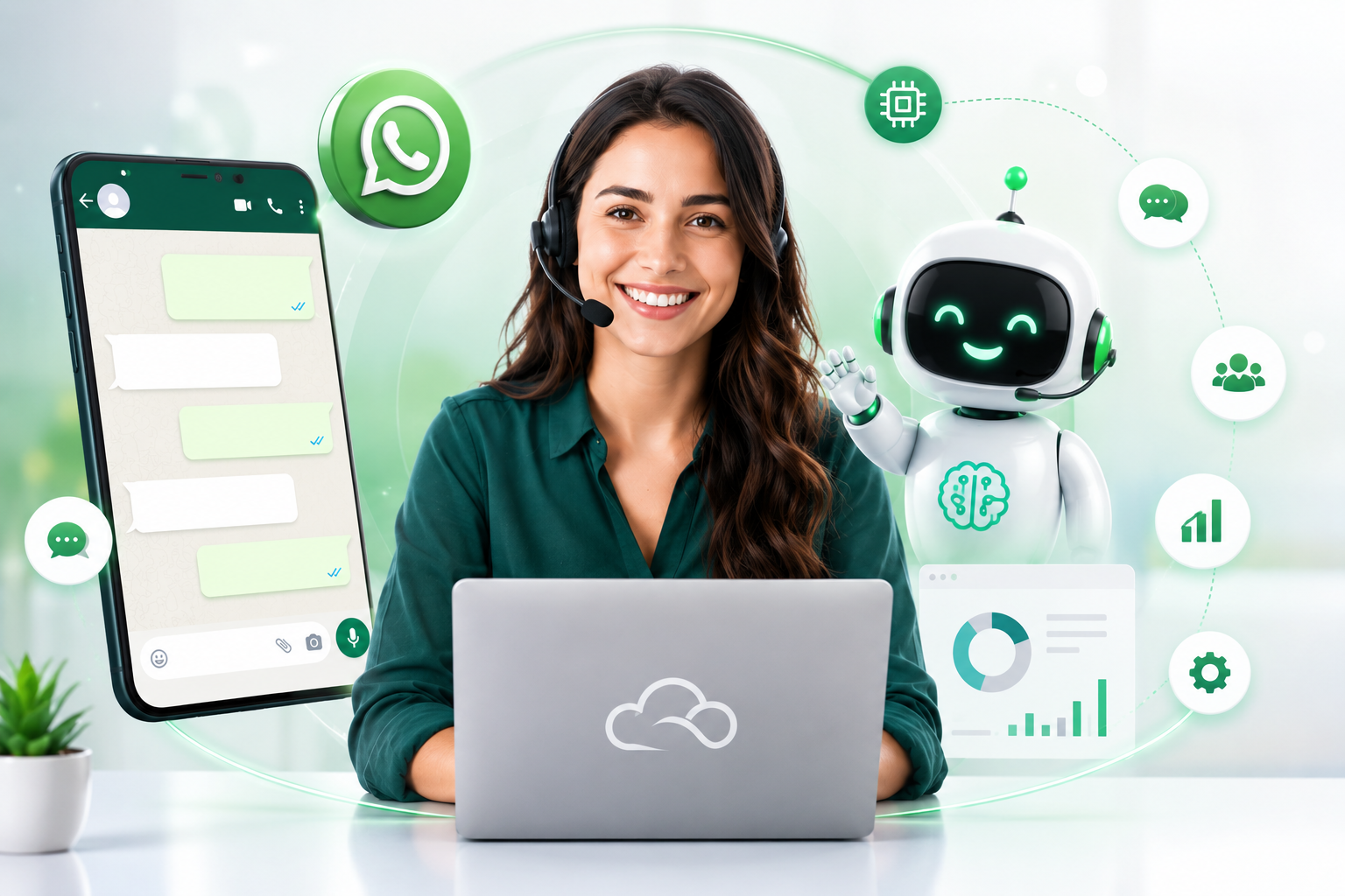 Plataforma Big Boss Cloud — módulo WhatsApp + IA com dashboard de atendimentos mostrando 245 atendimentos ativos e KPIs em tempo real, chat unificado com histórico no CRM e badges de IA OpenAI integrada e SLA por fila
