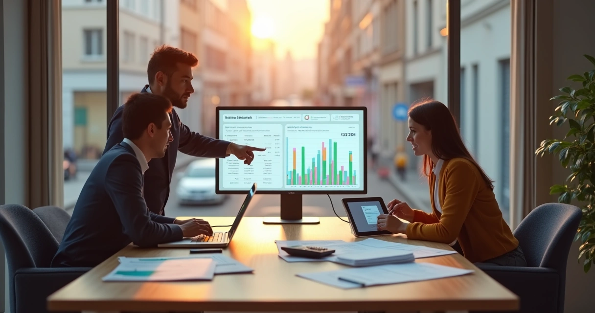 Empreendedores analisando demonstração de resultados automatizada em painel financeiro digital