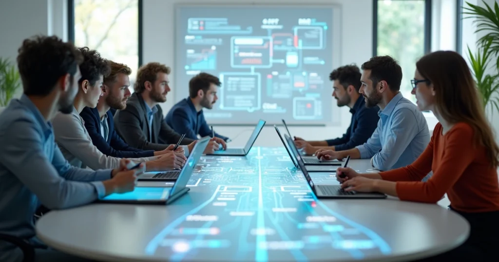 Equipe de TI conectando fluxos de dados entre sistema de projetos e ERP em mesa redonda