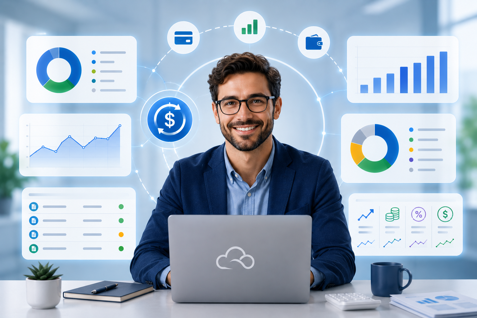 Plataforma Big Boss Cloud — ERP Financeiro com dashboard de A Receber Hoje, A Pagar Hoje, recebimentos em atraso, pagamentos em atraso, fluxo de caixa mensal, contas bancárias, gestão de contratos e cobranças recorrentes