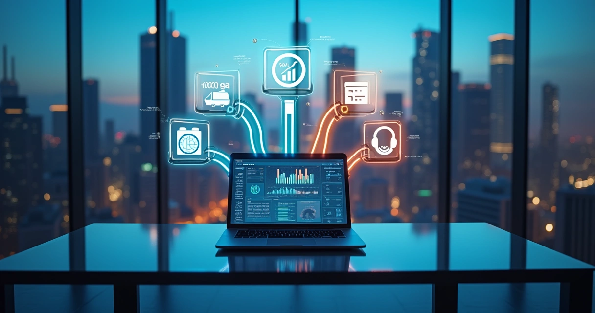 Fluxo digital conectando ícones de setores empresariais em painel de sistema ERP