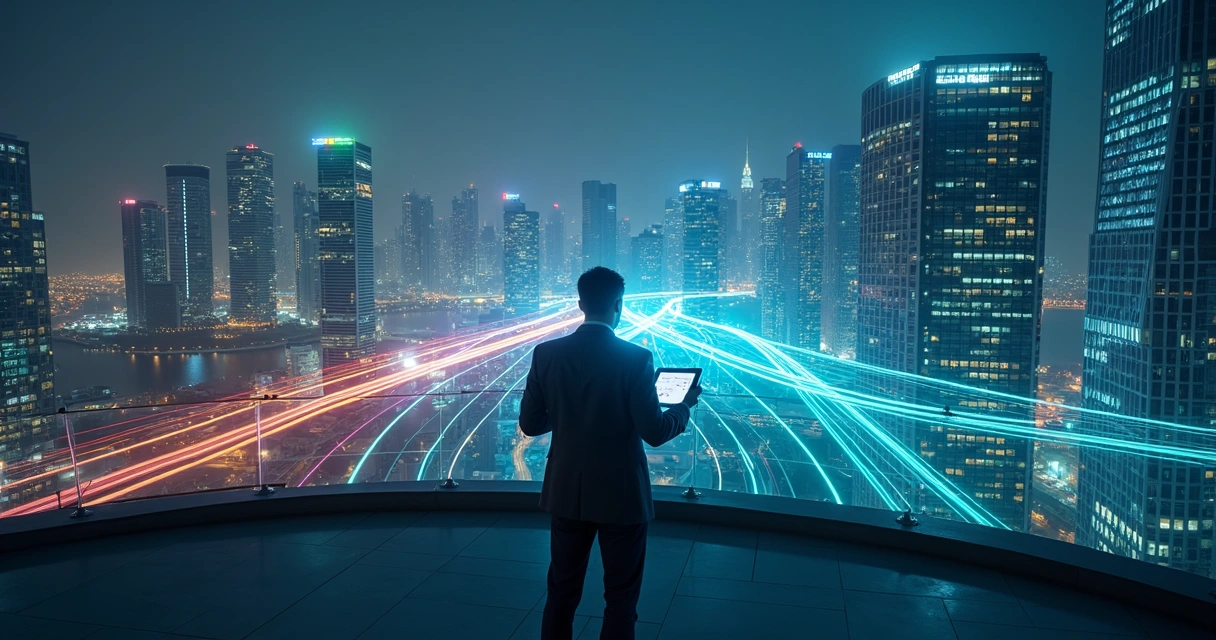 Gestor observando múltiplas sedes conectadas por ponte digital de projetos