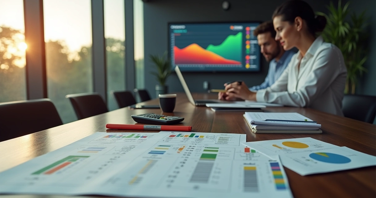 Gestor analisando boletos bancários e gráficos de inadimplência em mesa de reuniões