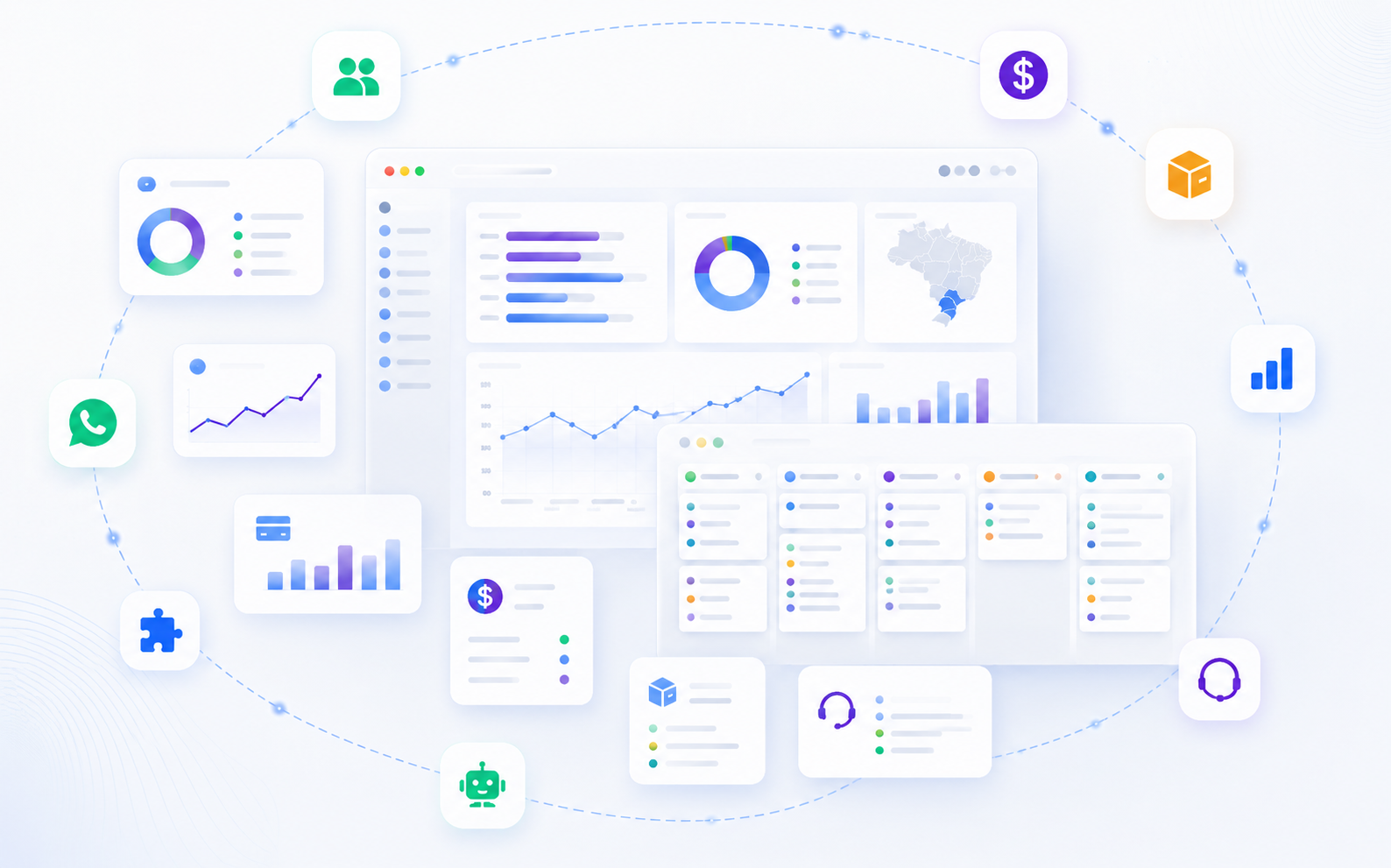 Plataforma Big Boss Cloud — dashboard analítico com mapa do Brasil, pipeline de CRM e indicadores de SLA, recorrência e avaliação dos clientes