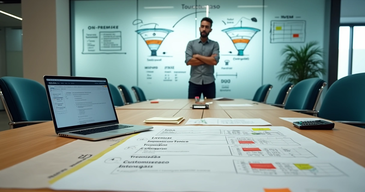 Gestor revendo quadro de planejamento visual de custos de implementação ERP em escritório moderno