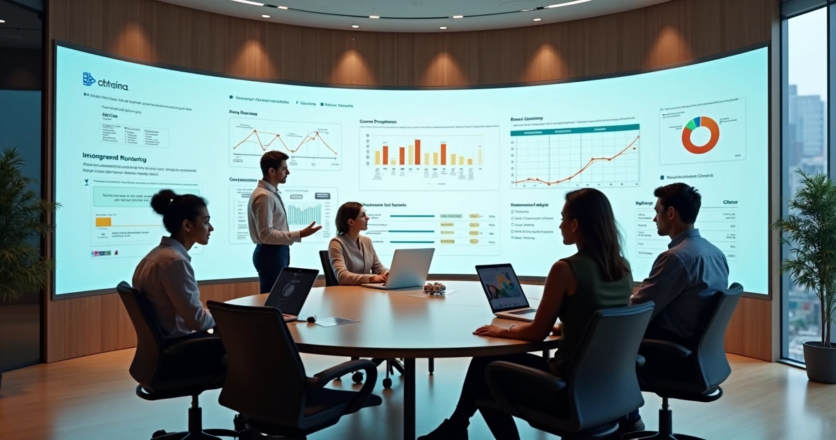 Equipe colaborativa vendo projeções integradas de vendas, financeiro e projetos na parede