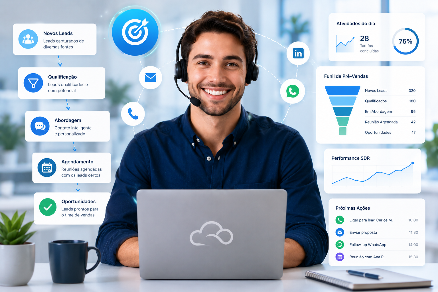 Plataforma Big Boss Cloud — módulo de Pré-vendas com busca ativa em base de 5+ milhões de empresas B2B, roteiro de prospecção com script para SDR, cadências automáticas e qualificação por IA