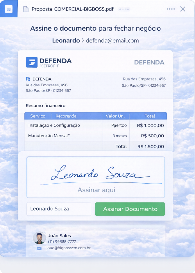 Tela mobile de assinatura digital de proposta comercial no Big Boss CRM — documento com resumo financeiro, valor total e campo de assinatura por toque, com validade jurídica