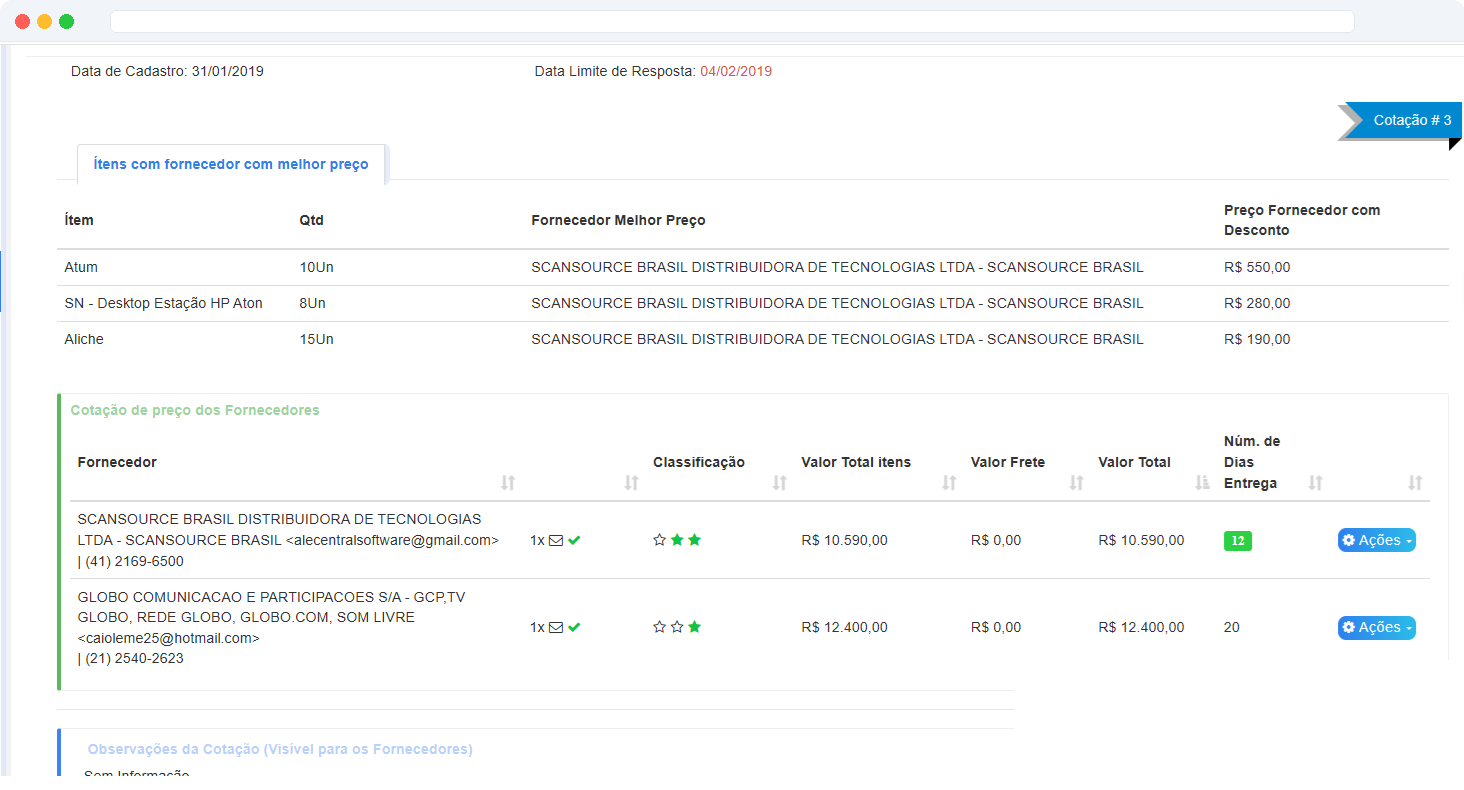 Tela de Cotação por Leilão entre Fornecedores no Big Boss Cloud — comparativo de preço entre SCANSOURCE BRASIL e GLOBO COMUNICACAO mostrando valores, prazos de entrega e classificação