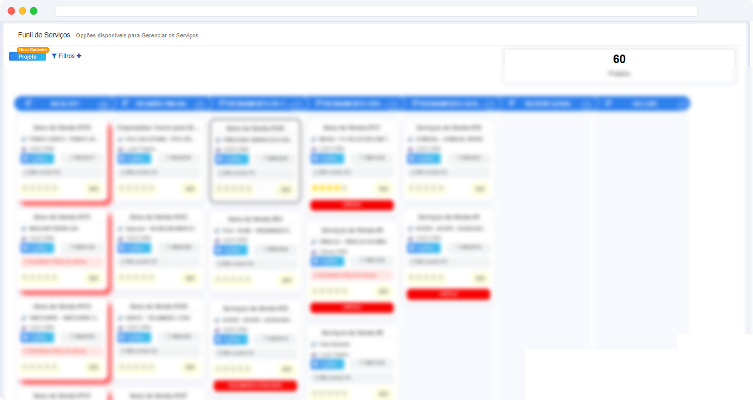 Kanban de gestão de projetos Big Boss Cloud com Funil de Serviços — múltiplas colunas de etapas e cards de projetos com indicadores de prazo, status e responsável