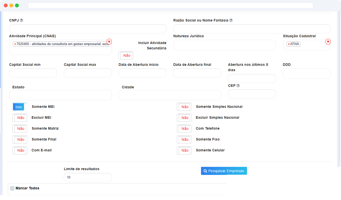 Tela de busca ativa de leads no Big Boss Cloud — filtros por CNPJ, Razão Social, CNAE, Situação Cadastral, Capital Social, Data de Abertura, Estado, Cidade, DDD, com telefone/e-mail e botão Gerar Lista SDR