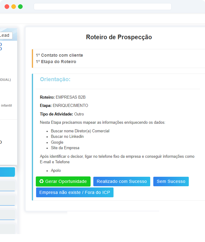 Roteiro de Prospecção no Big Boss CRM — script da etapa de Enriquecimento com tarefas como buscar Diretor Comercial, LinkedIn, Google, site da empresa, com botões Gerar Oportunidade, Realizado com Sucesso, Sem Sucesso e Empresa fora do ICP