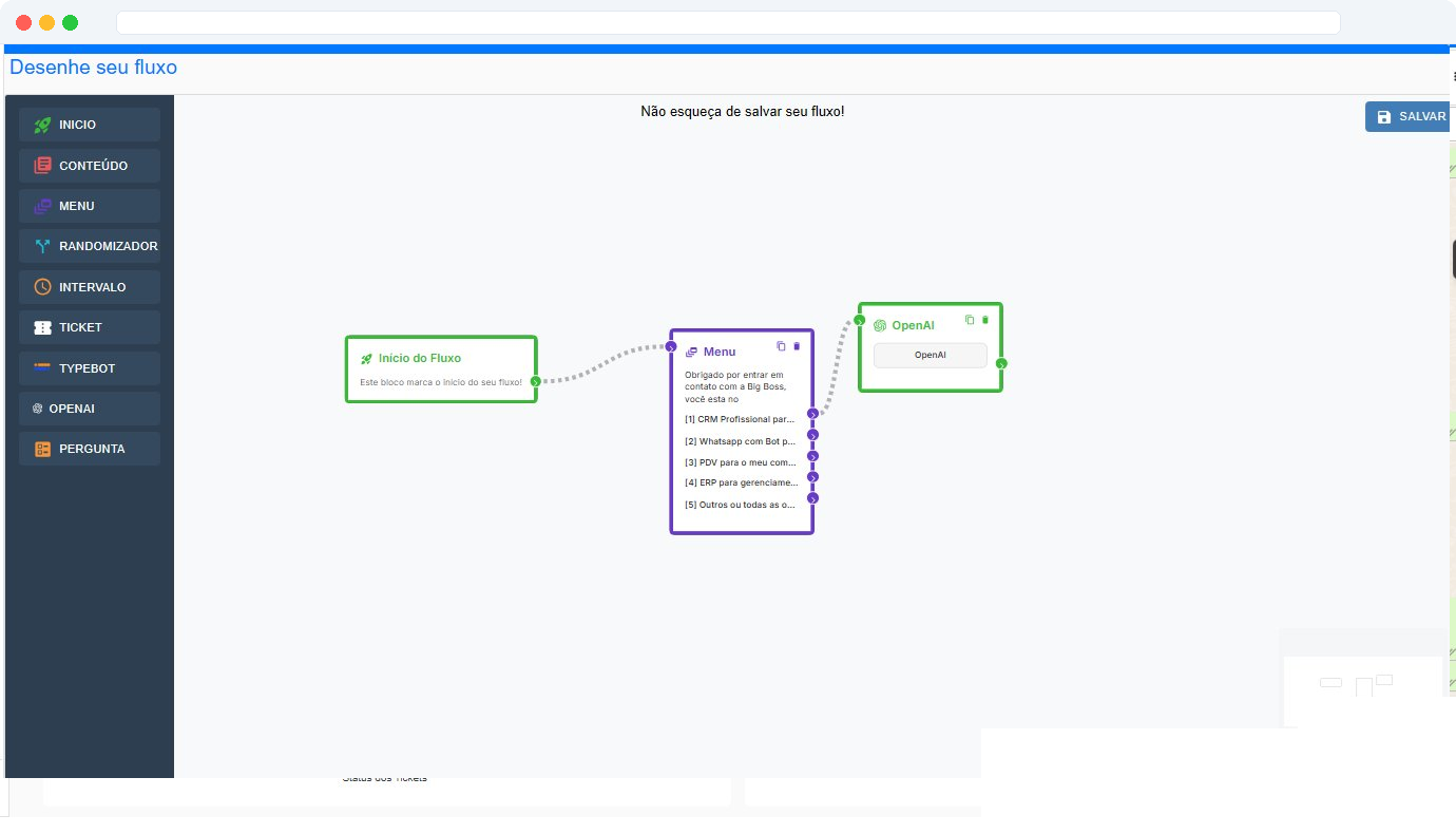 Designer visual de fluxo de chatbot Big Boss Cloud com blocos arrastáveis — Início do Fluxo conectado a Menu de opções e bloco de OpenAI para resposta com IA