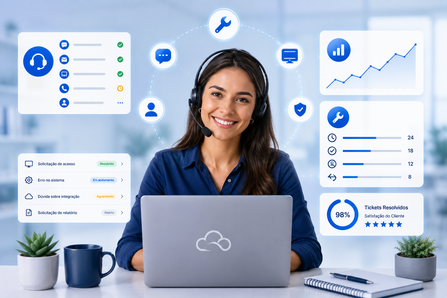 Plataforma Big Boss Cloud — módulo de Pós-vendas com dashboard de chamados, SLA estourado, top 10 serviços e clientes, painel de tickets, gestão de projetos e portal do cliente